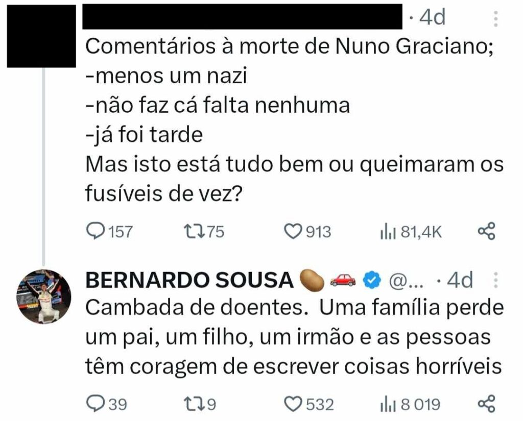 Bernardo Sousa indignado com comentários à morte de Nuno Graciano: “Cambada de doentes”